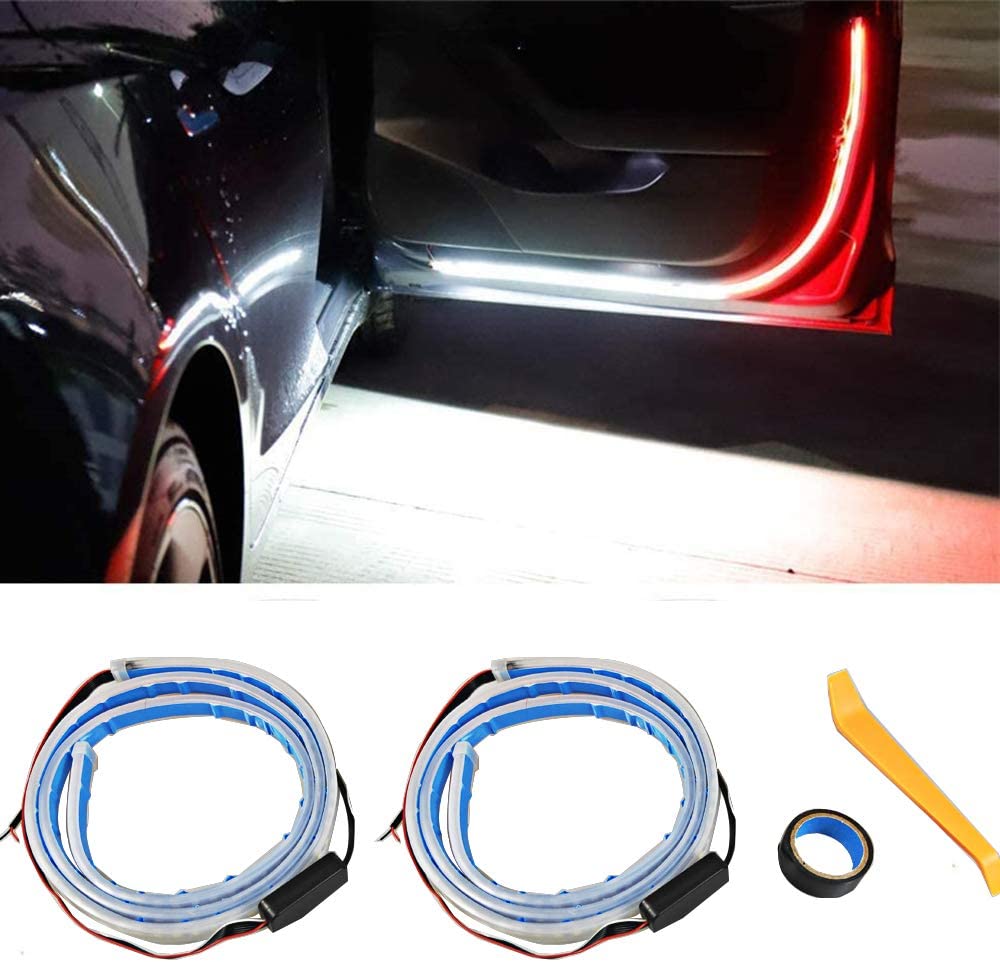 NLpearl Car Door LED Warning Light, 2 Pcs 48 Inch Flexible Dual Color Strip Light White & Red Sequential Switchback , Safety Light, Strobe Lights for Anti Rear-end Collision