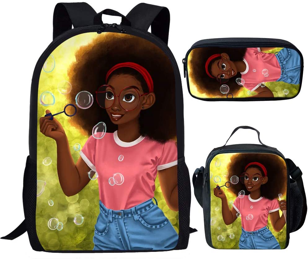 Schoolbag Sets for Kids Black Afro Girl Magic Book Bags Stylish Children African American Lady Backpacks with Pen Bag