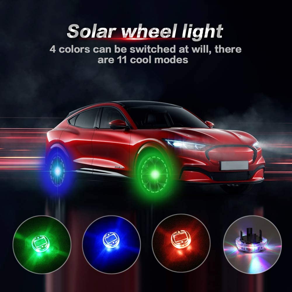 4PCS Solar Energy Car Wheel Hub Lamp with Motion Sensors Colorful LED Tire Light Decorative Lights Waterproof for Car Auto Motorcycles Bicycles