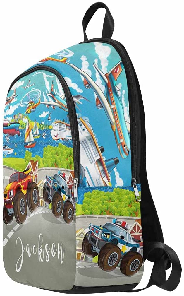 Custom Name Backpack, Cartoon Ships Planes and Trucks Personalized School Bags for Teenagers Novelty Bookbags for Girls Boys Back to School Bags