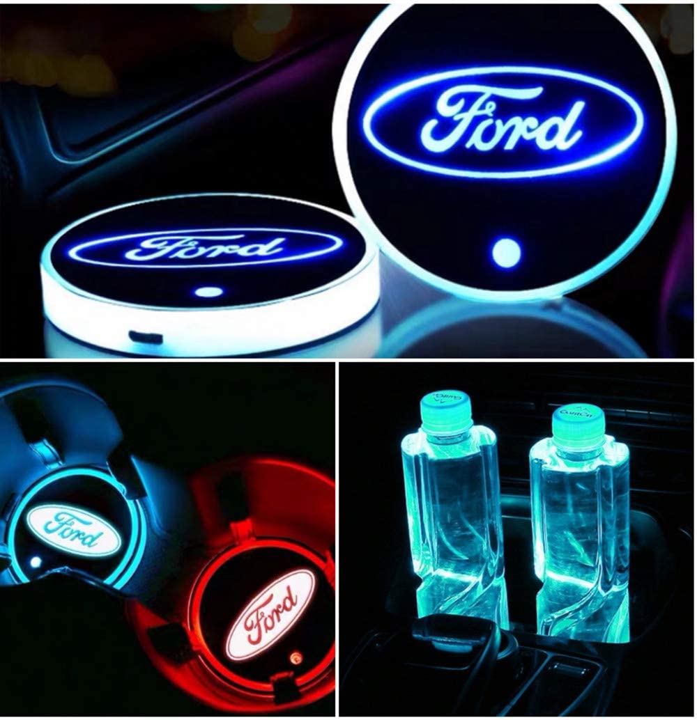 Car Cup Holder Lights, Car Logo Coasters for Fo-rd with 7 Colors, USB Charging Pads Can Be Changed, Luminous Coasters, 2 LED Indoor Atmosphere Lights - Nlpearl MCN