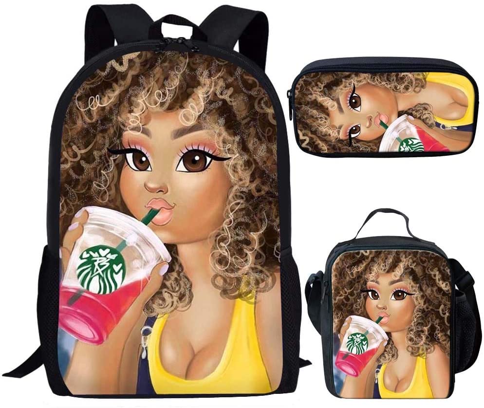 Schoolbag Sets for Kids Black Afro Girl Magic Book Bags Stylish Children African American Lady Backpacks with Pen Bag