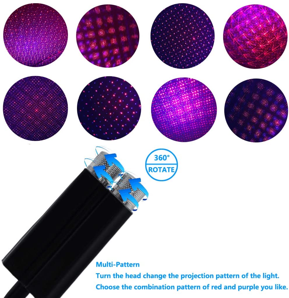 CAR USB Night Light Star Projector, LEDCARE 2 in 1 Auto Roof Lights, Adjustable Romantic Red/Violet Blue Interior Car Lights - Nlpearl MCN