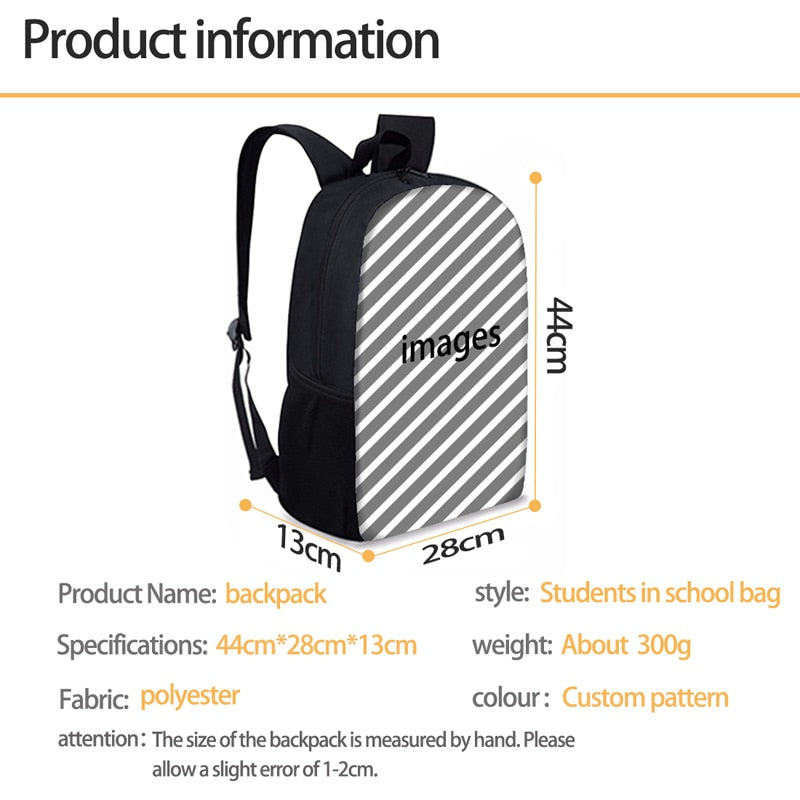PacentoCustom Your Image/Logo 3D Print 16” Children School Bags Backpack For Girls Boys Large Student Book Bag Kids Schoolbag Sac a Dos
