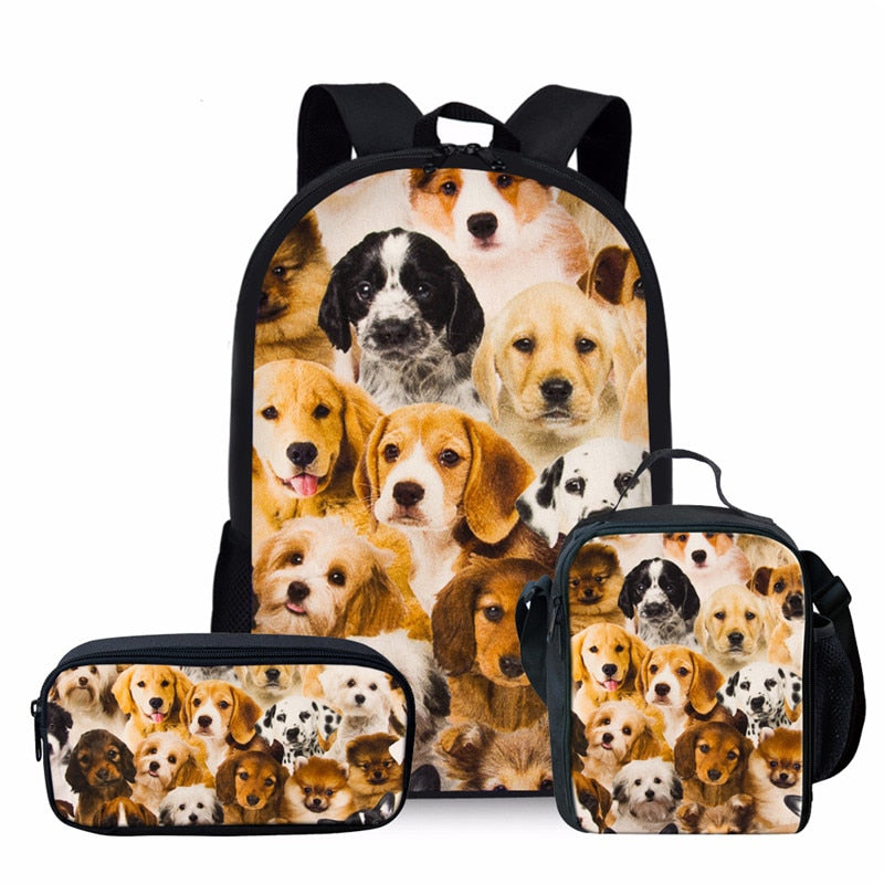 PacentoCute Puppy Pug Dog Print 16” School Bag Set for Teenager Girls Boys Junior Primary Children Book Bags Schoolbag Kids Bookbags